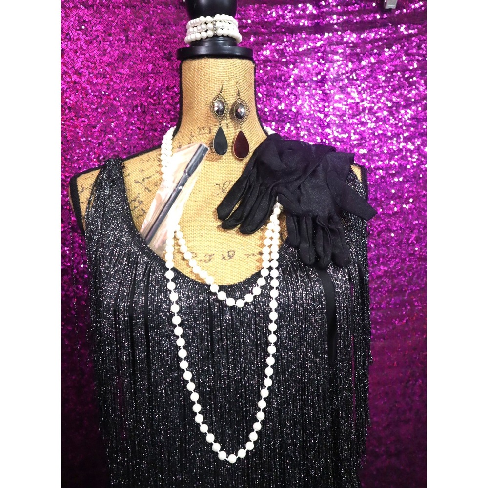 Black Silver Flapper Dress XS-S Unbranded Women Metallic Fringe Costume Set